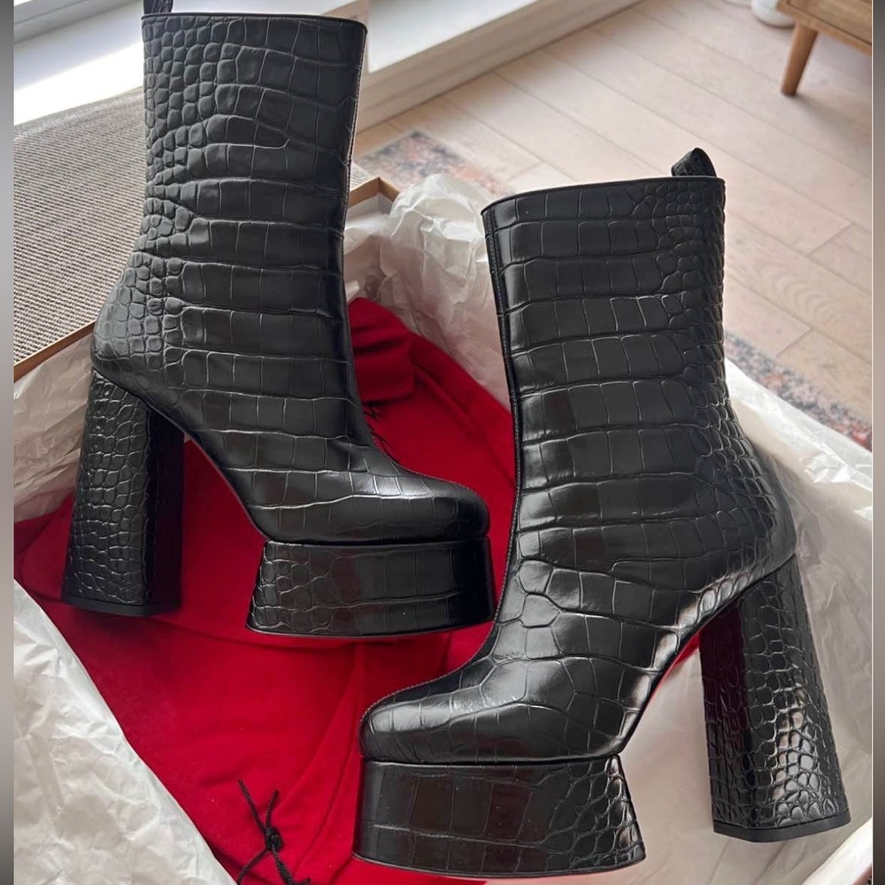 Christian Louboutin Black Croc-Embossed Platform Block Heel Ankle Boots izayeah